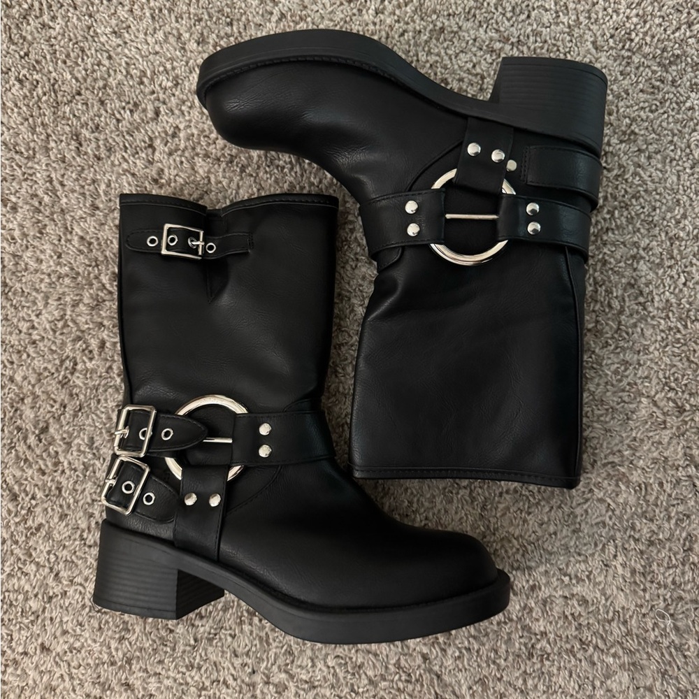 Black Mid-Calf Buckle Harness Boots - Women's